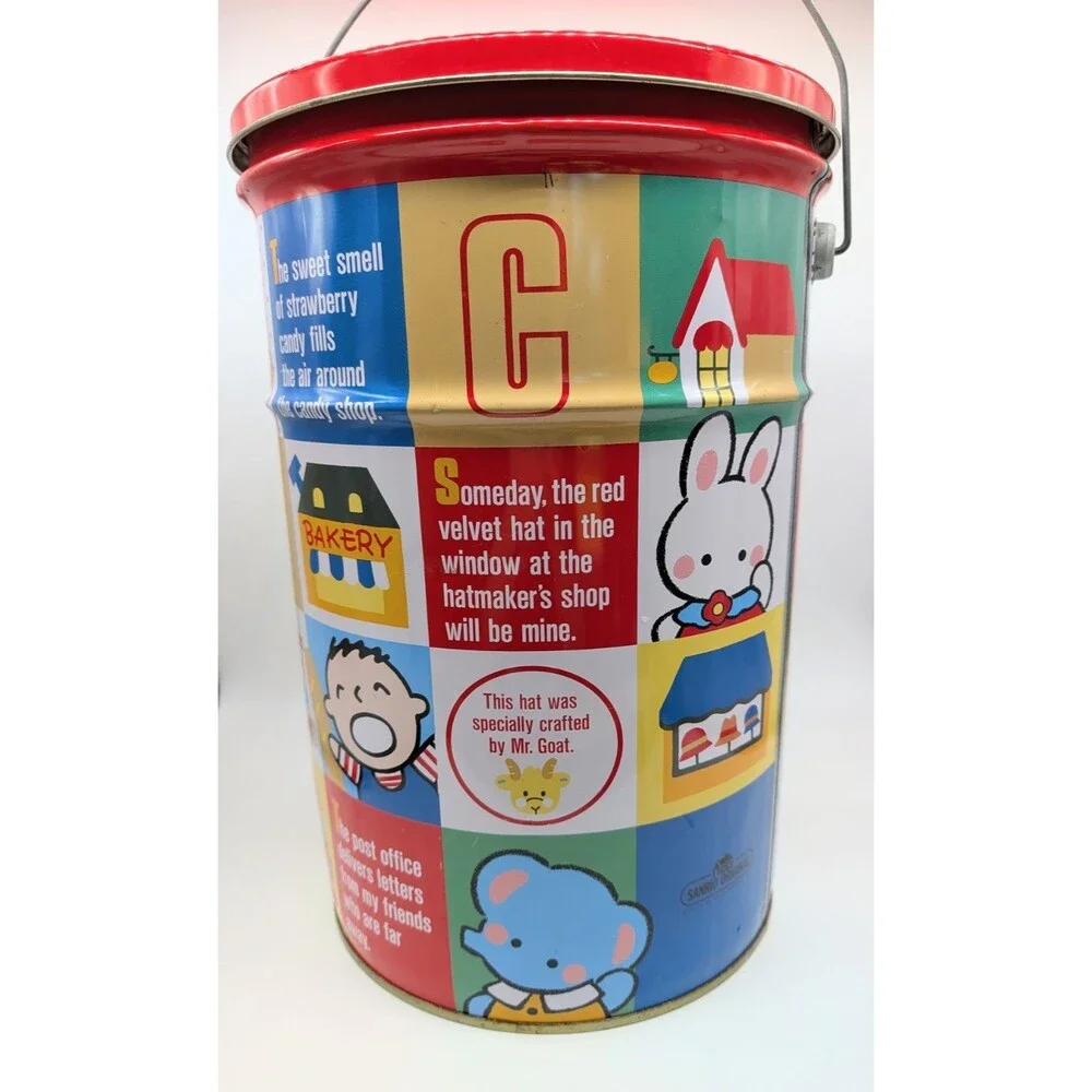 VTG Sanrio Hello Kitty Tin Bucket Pail Character Town With Handle And Lid 1990